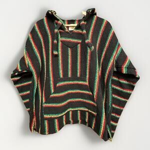Earth Ragz Y2K Rasta Baja Hoodie Black Multicolor Woven Jerga Sweater L